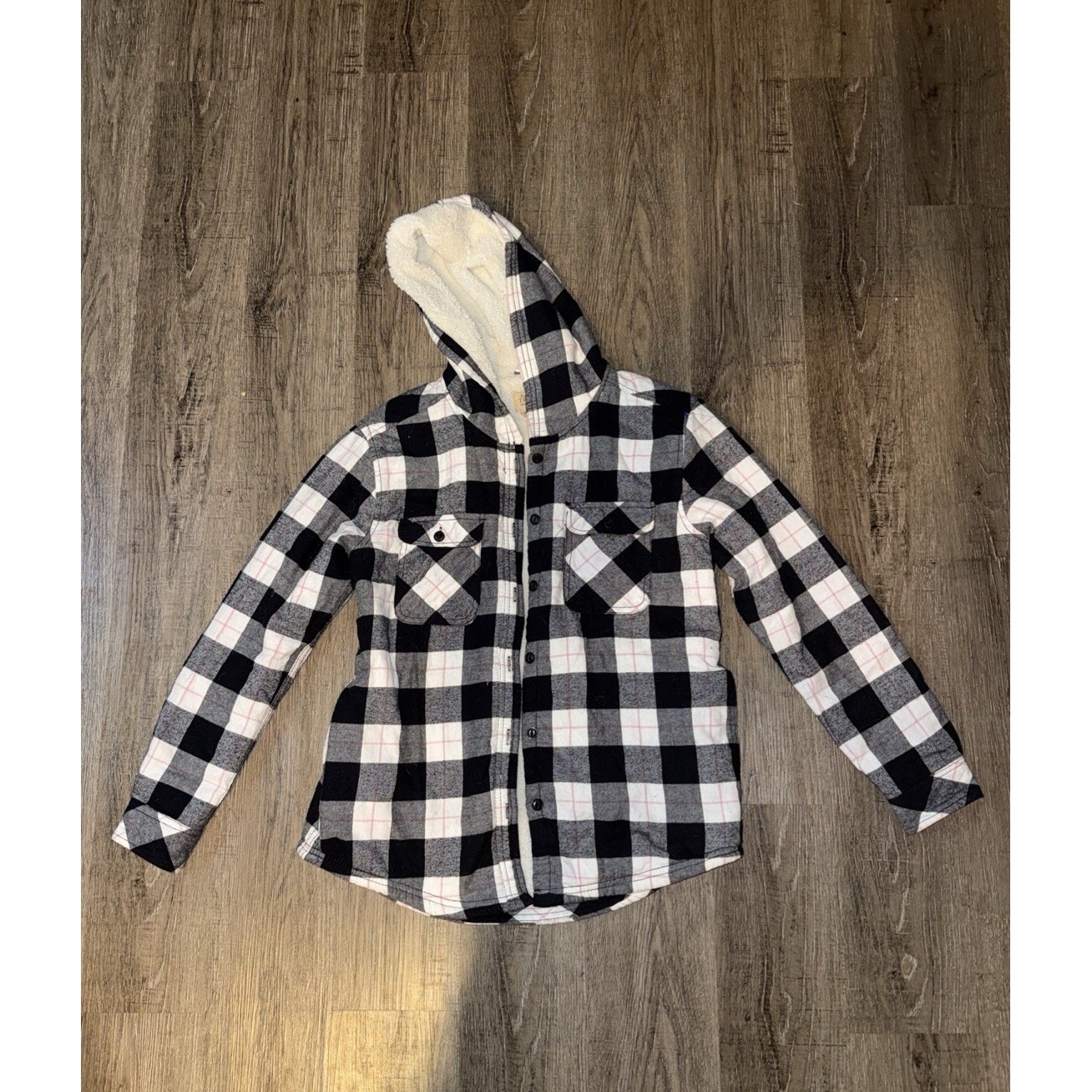 Boston Traders Sherpa Lined Flannel Shaver Hooded Black White Plaid